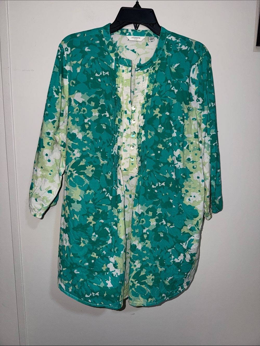 Liz Claiborne Teal, Green and White Floral Open Cardigan Tunic